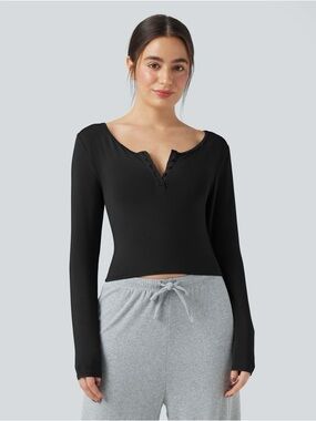 HALARA Black Henley Neck Long Sleeve Lounge Top